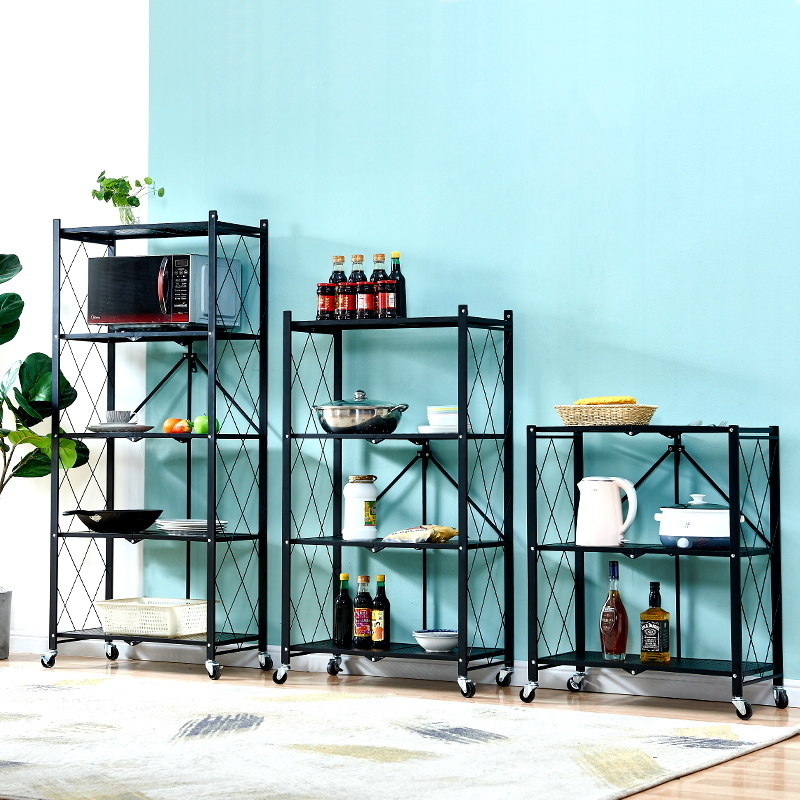 3/4 /5 tier kitchen folding shelf rack for Home Storage foldable organizer metal shelves with Wheels for living room