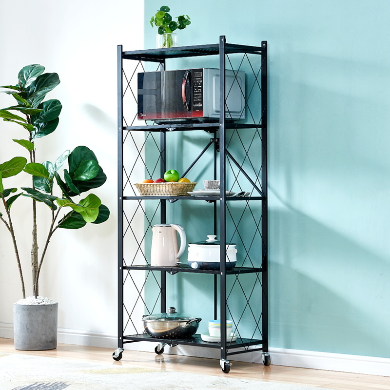 3/4 /5 tier kitchen folding shelf rack for Home Storage foldable organizer metal shelves with Wheels for living room