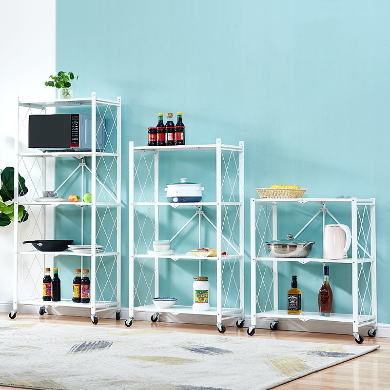 3/4 /5 tier kitchen folding shelf rack for Home Storage foldable organizer metal shelves with Wheels for living room