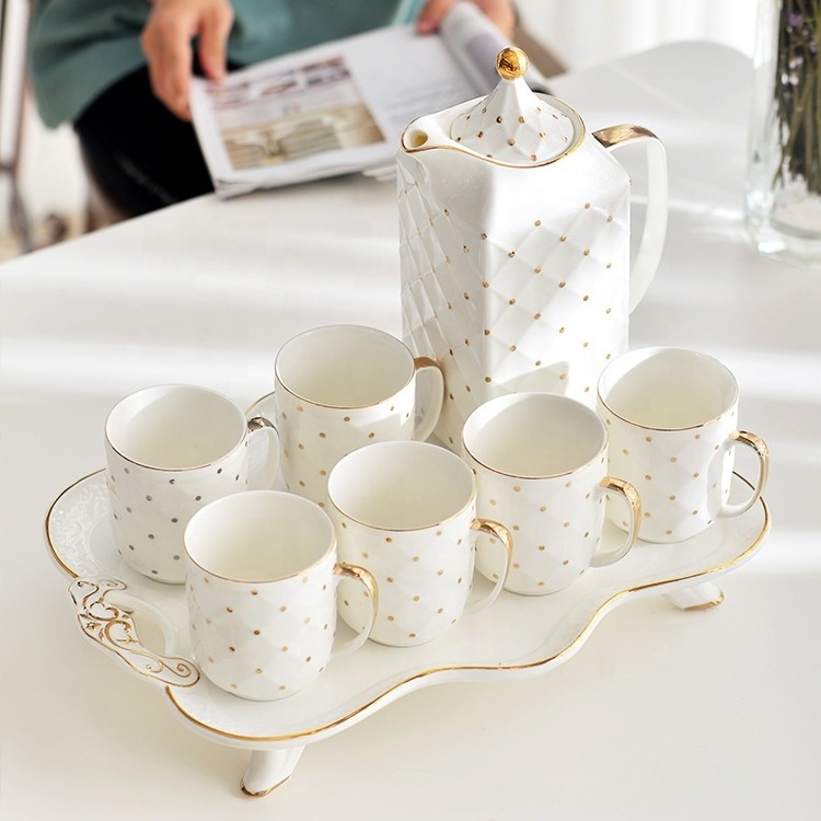 Exquisite Gold White Design Gift Wedding Coffee Tea Cup Saucers Coffee Sets High Quality Tea Pot Customize Ceramic Pot And Cup