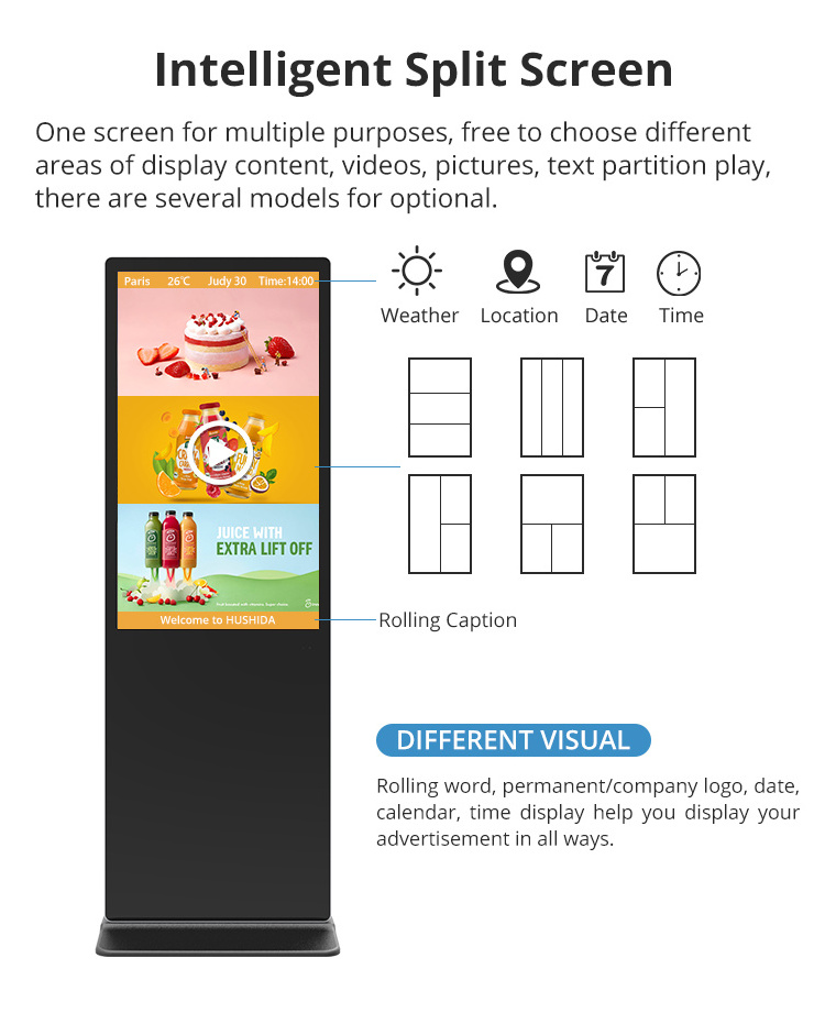 4K LCD touch screen 42 49 50 55 65 inch floor standing china media player custom digital signage display for advertising