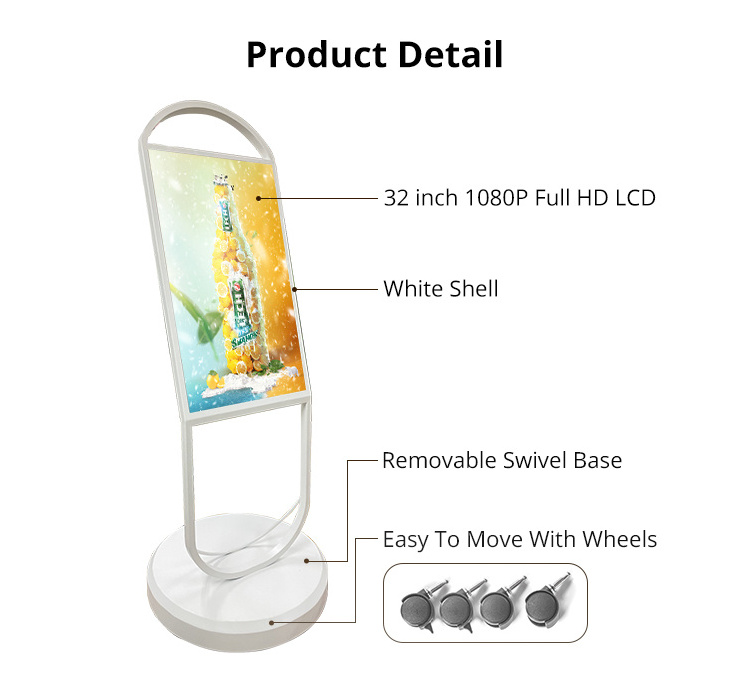 32inch Factory Wholesale HD LCD Floor Standing Advertising Display Battery Powered Portable Digital Signage With Wheels