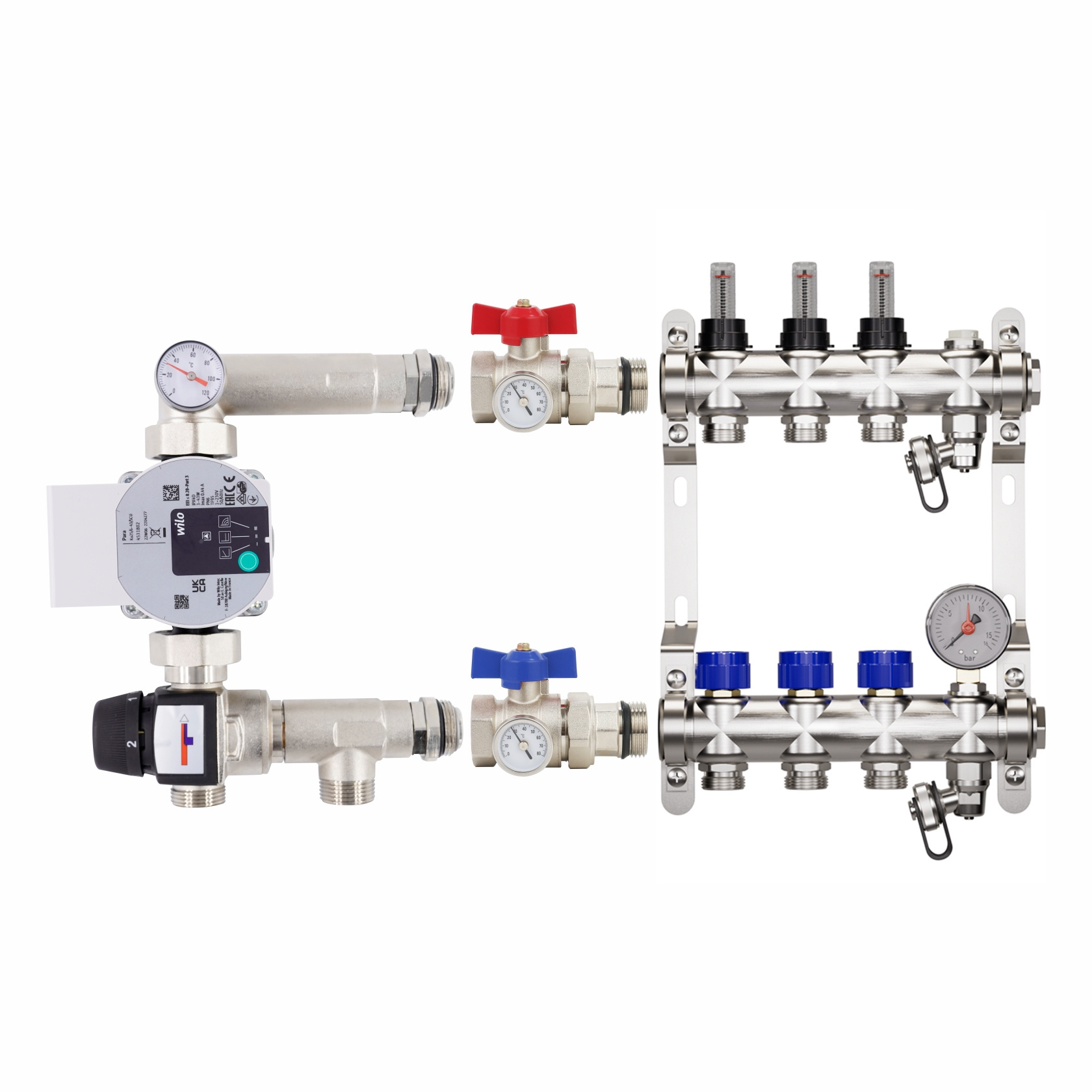 Brass hydronic underfloor radiant heating manifolds mixer pack stainless steel manifold water pump set compact with pump