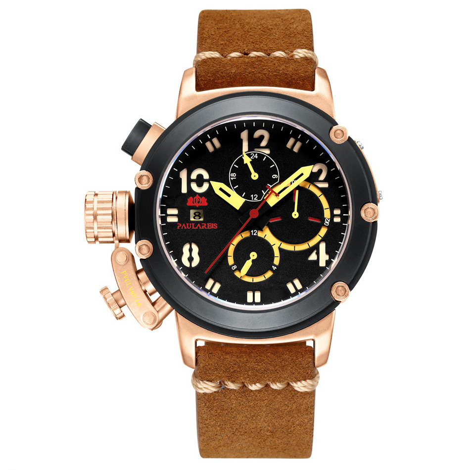 Top paulareis multifunctional rose gold date glow 24-hour luxury leather automatic mechanical men watch business style