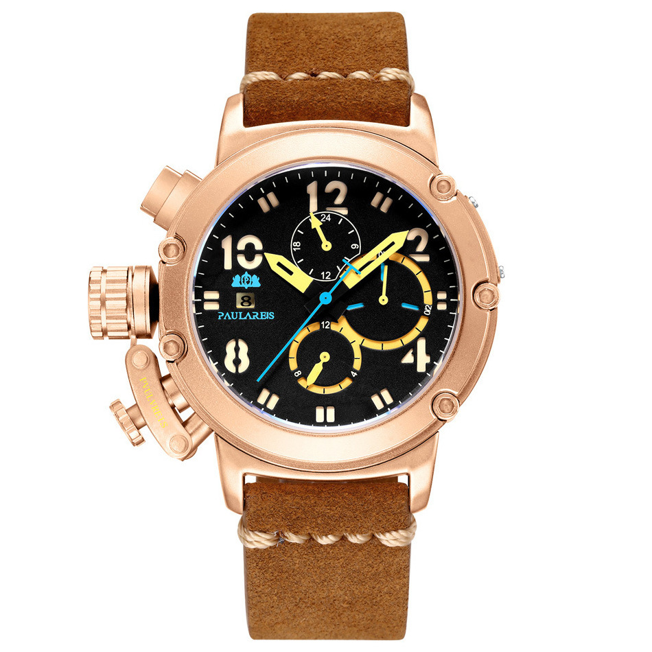 Top paulareis multifunctional rose gold date glow 24-hour luxury leather automatic mechanical men watch business style