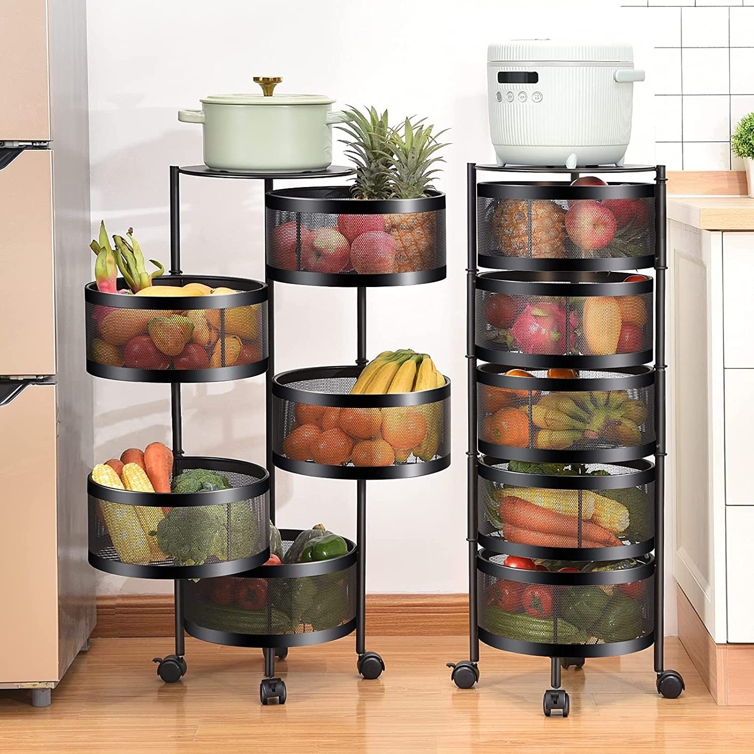 Kitchen Rotating Storage Shelves Rack Multi Layer Removable Basket Shelf Organizer Rolling Wheels with 5 Tier Metal Carton