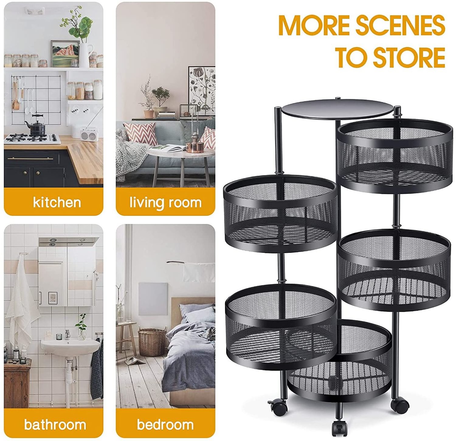 Kitchen Rotating Storage Shelves Rack Multi Layer Removable Basket Shelf Organizer Rolling Wheels with 5 Tier Metal Carton