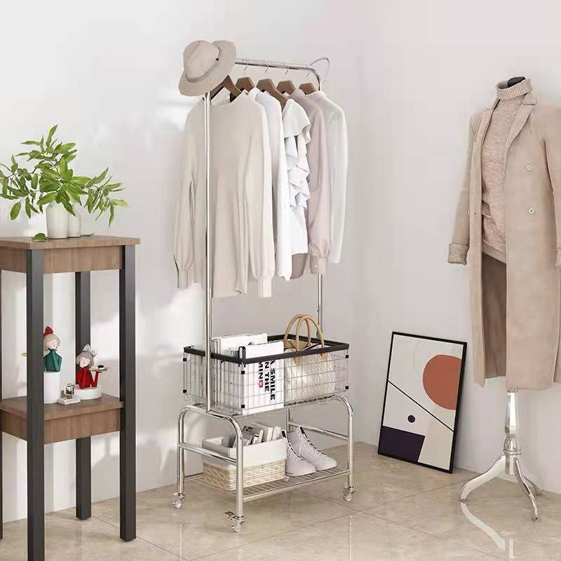 Household simple metal wire sturdy and durable clothes hanger with floor hanger standing clothes hanger with storage basket