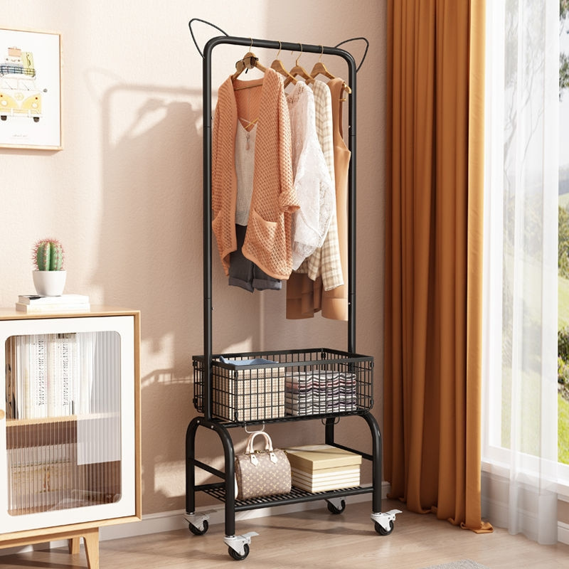 Household simple metal wire sturdy and durable clothes hanger with floor hanger standing clothes hanger with storage basket