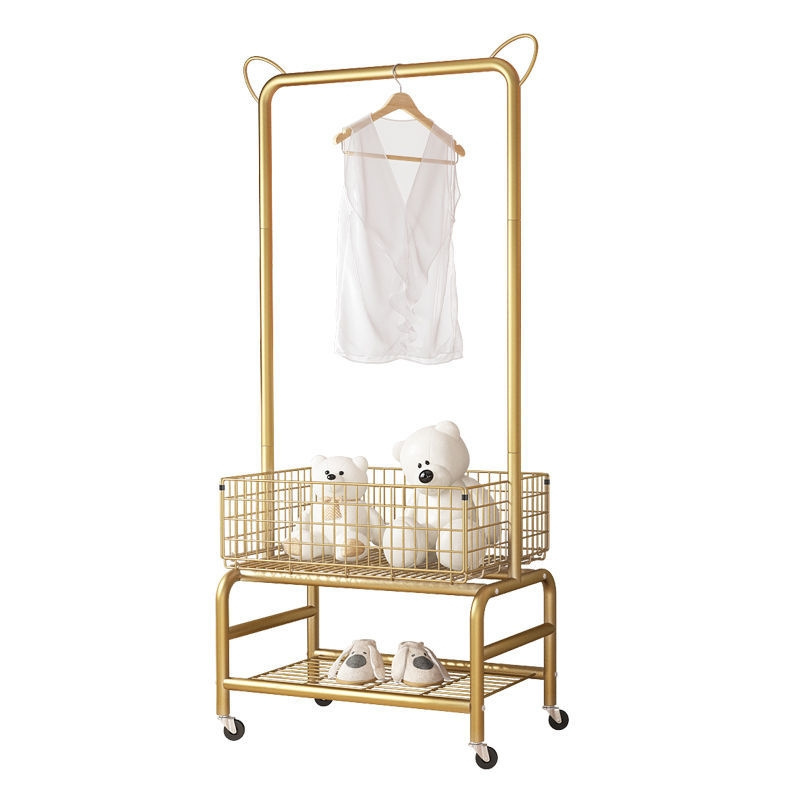 Household simple metal wire sturdy and durable clothes hanger with floor hanger standing clothes hanger with storage basket