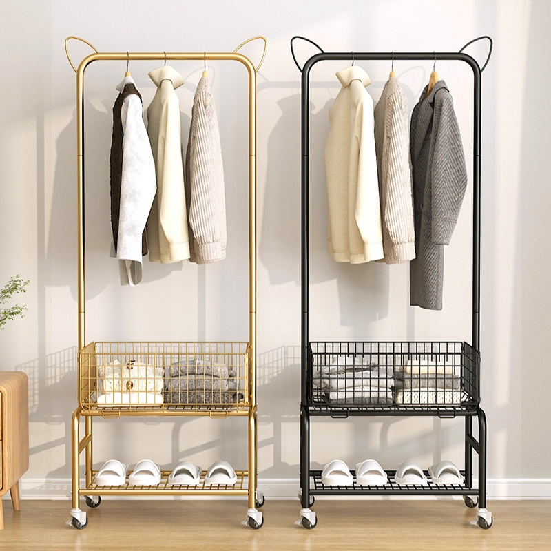 Household simple metal wire sturdy and durable clothes hanger with floor hanger standing clothes hanger with storage basket