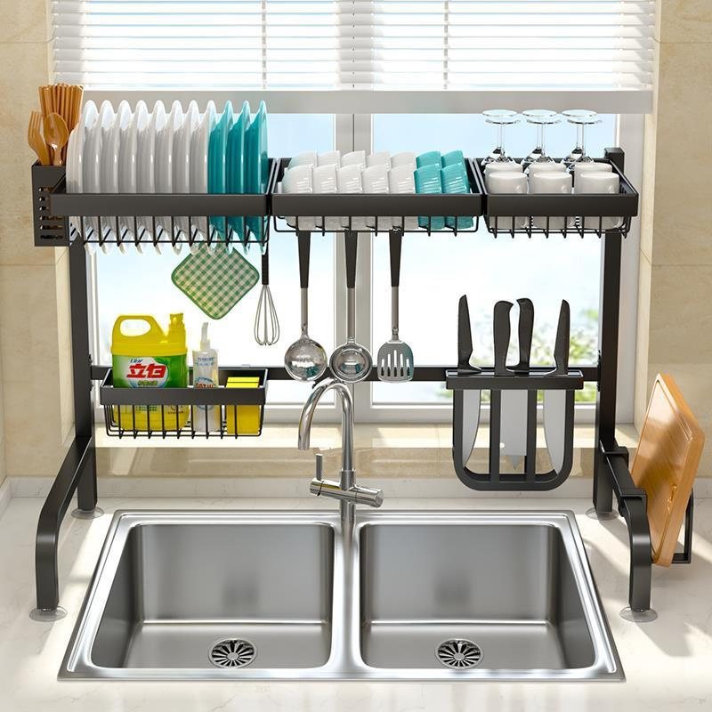 Stainless Steel Kitchen 2 Tier Dish Rack Sink Drying Rack Black Bowl Storage Shelving Over The Sink Dish Draining Rack