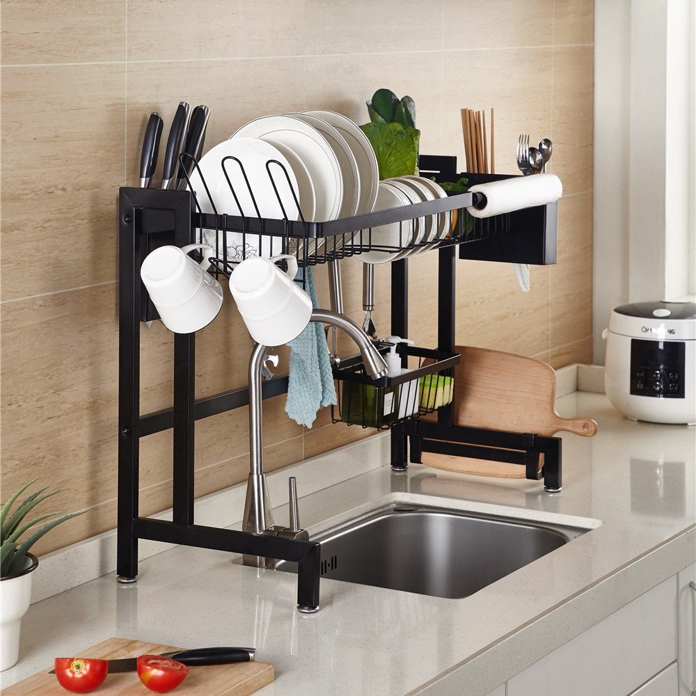 Stainless Steel Kitchen 2 Tier Dish Rack Sink Drying Rack Black Bowl Storage Shelving Over The Sink Dish Draining Rack