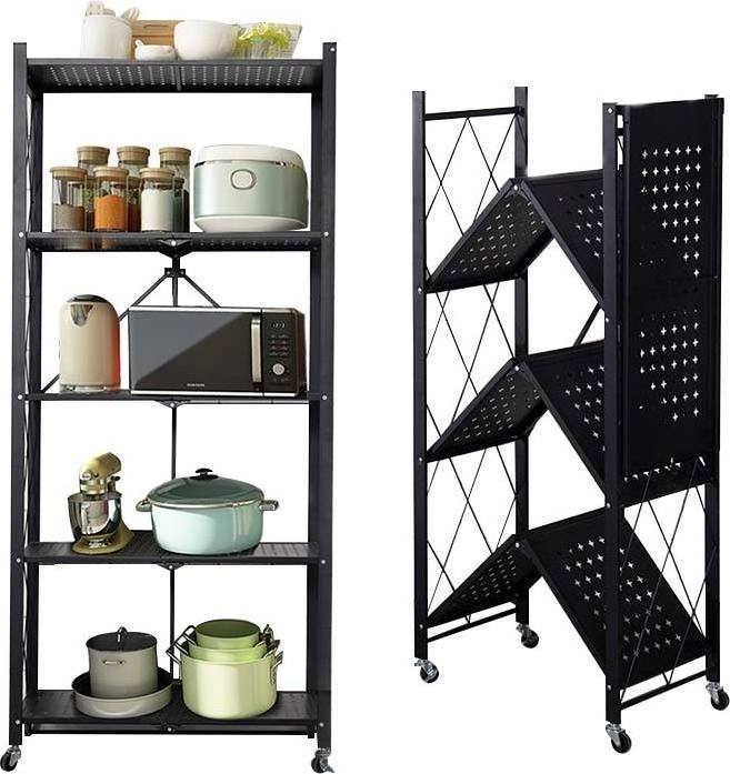 Folding Storage Rack Home Storage Foldable Kitchen Display Rack Shelf with Wheels Kitchen Organizer Storage