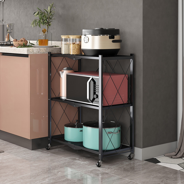 Folding Storage Rack Home Storage Foldable Kitchen Display Rack Shelf with Wheels Kitchen Organizer Storage