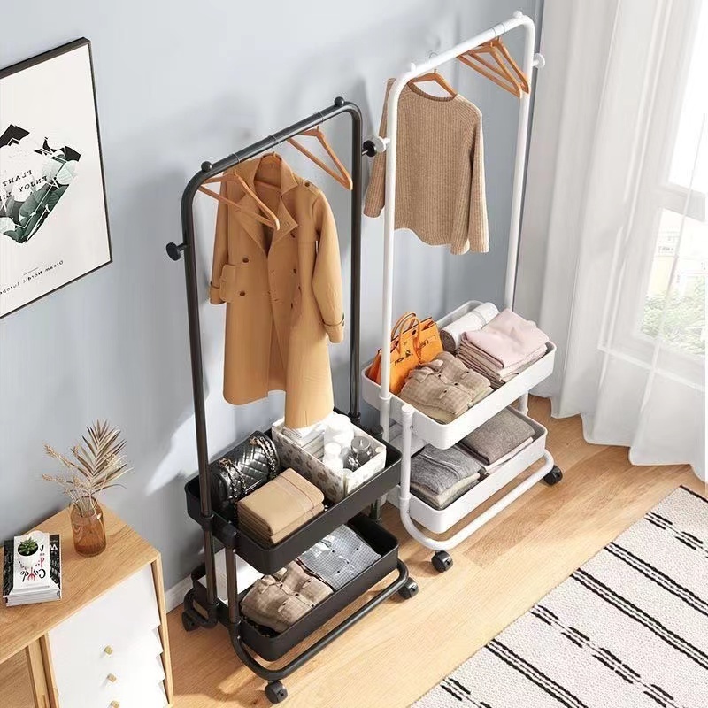 Cute New design product metal double layer trolley clothes rack storage rack movable clothes rack with basket