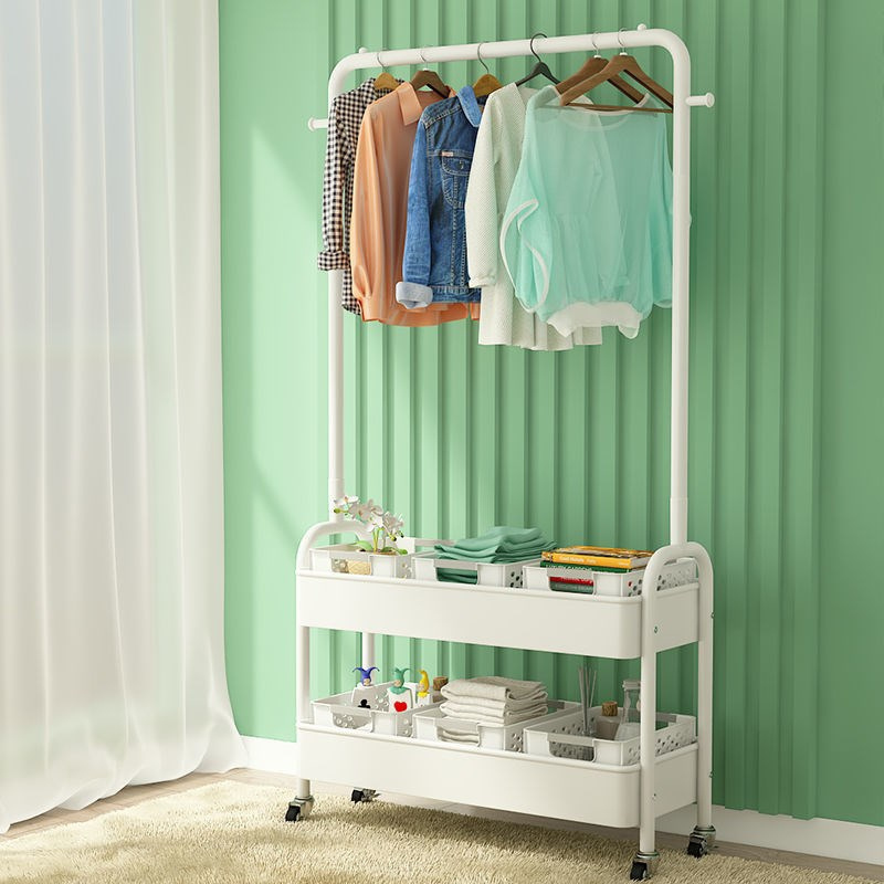 Cute New design product metal double layer trolley clothes rack storage rack movable clothes rack with basket