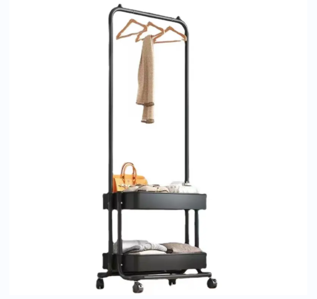 Cute New design product metal double layer trolley clothes rack storage rack movable clothes rack with basket