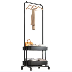 Cute New design product metal double layer trolley clothes rack storage rack movable clothes rack with basket