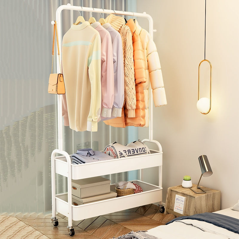 High quality Two layer metal cloth hanger with metal basket rolling storage car clothes storage rack clothes hat rack