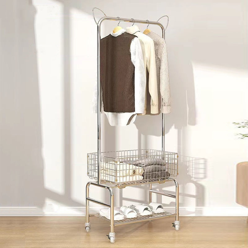 3 Tier Metal Pole Rack Hanging Bar Laundry Cart Garment Rack Clothing Display Rack With Basket Storage