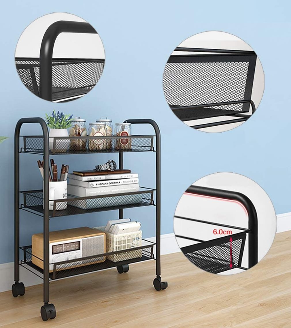 Rolling Storage Cart 3-Tier Metal Mesh Basket Shelves Organizer with Wheels for Home,Office,Kitchen,Bathroom,Bedroom(Black)