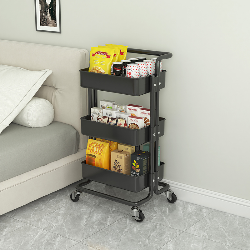 High quality 3 Tier Rolling Utility metal Cart with Wheels and Handle Storage Organization Shelf for Kitchen Bathroom Office