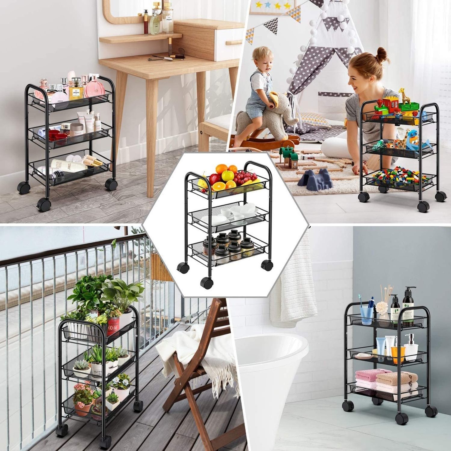 Rolling Storage Cart 3-Tier Metal Mesh Basket Shelves Organizer with Wheels for Home,Office,Kitchen,Bathroom,Bedroom(Black)