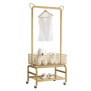 3 Tier Metal Pole Rack Hanging Bar Laundry Cart Garment Rack Clothing Display Rack With Basket Storage