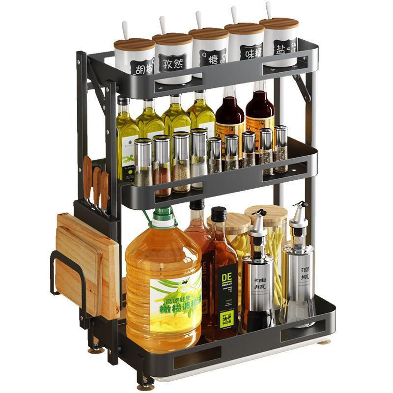 Hot Sale Black Three Tier Kitchen Supplies Shelf With Mesh Metal Kitchen Spice Storage Rack