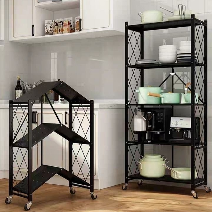 Multi Layer Floor-Standing Home Metal Collapsible Stackable Kitchen Rack Stainless Steel Storage Foldable Display Rack