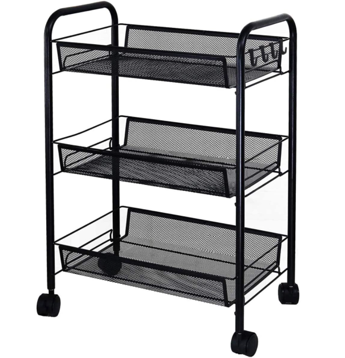 Rolling Storage Cart 3-Tier Metal Mesh Basket Shelves Organizer with Wheels for Home,Office,Kitchen,Bathroom,Bedroom(Black)