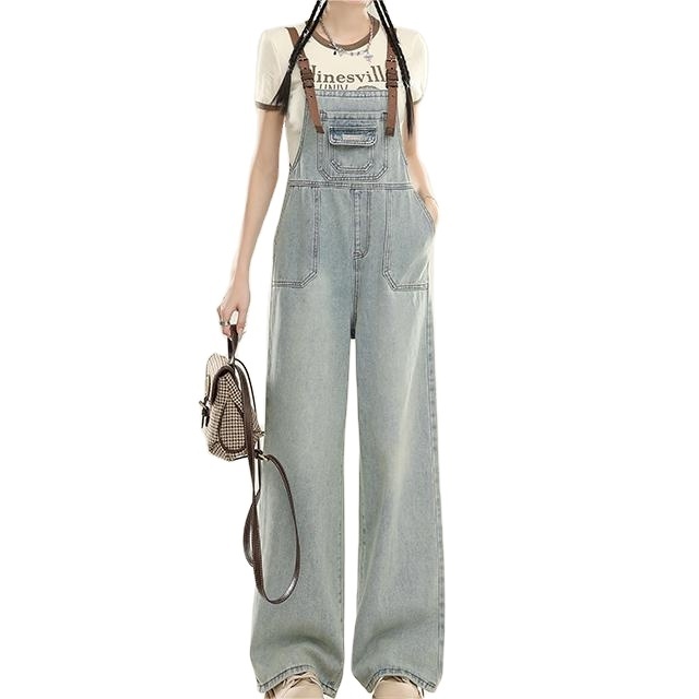 Women's Korean denim wide leg overalls summer slim high waists loose age-reducing floor length denim overalls