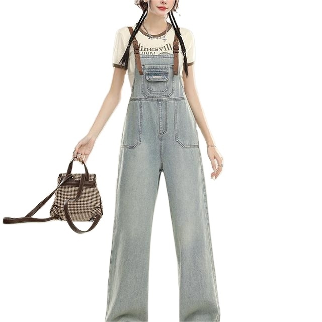 Women's Korean denim wide leg overalls summer slim high waists loose age-reducing floor length denim overalls