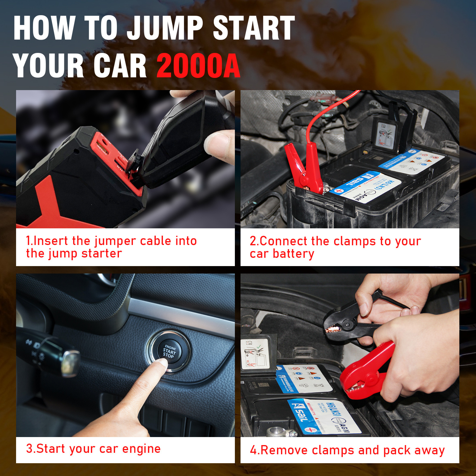 12V Car Jumper Battery Pack 2000A Jump Starter 20000mAh Booster Energy Station for Car Battery Diesel Engine