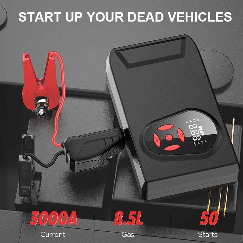 New Portable Multi-function OEM 12V Car Battery Jump Starter With Air Compressor Pump Tyre Inflator Power Bank Pack Kit