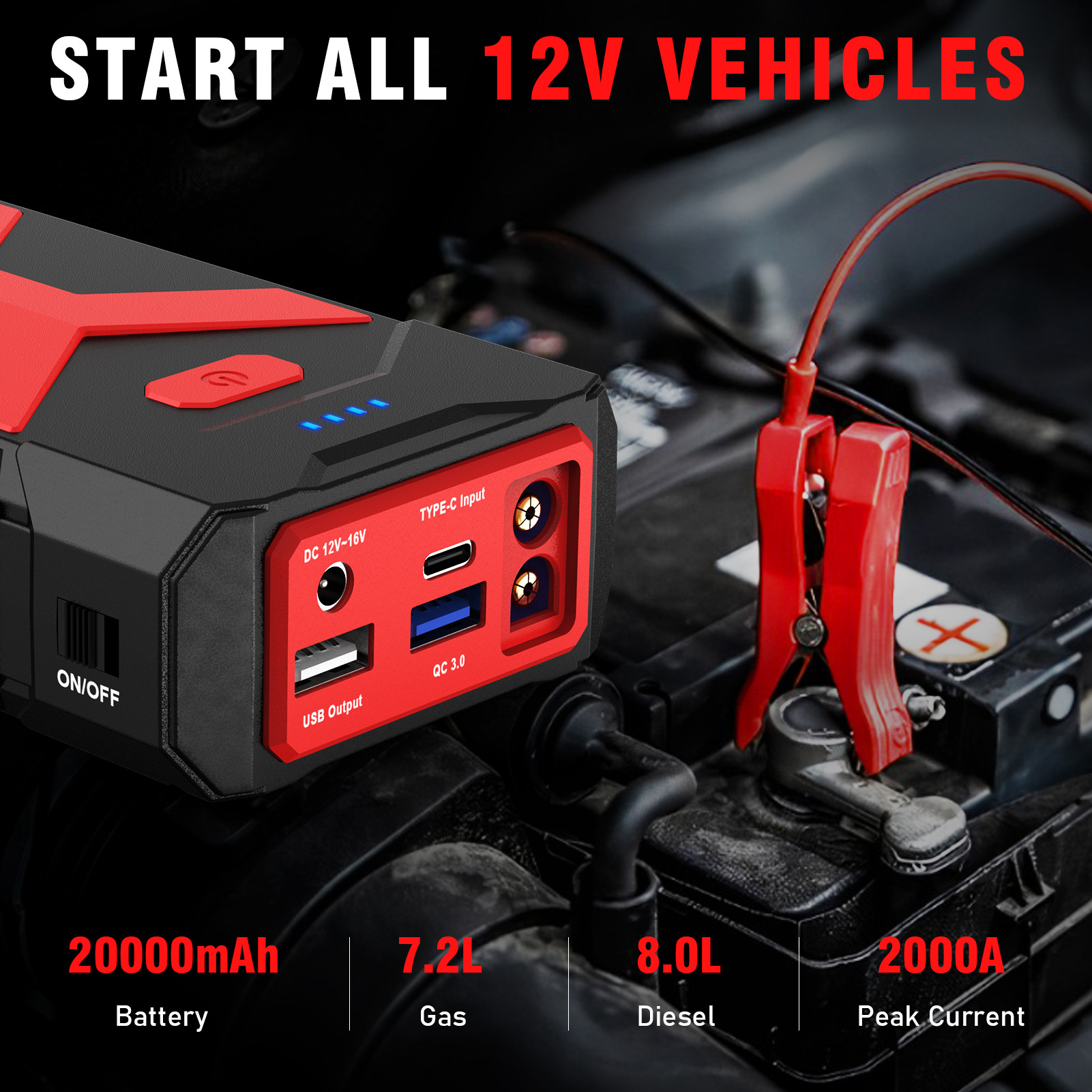 12V 20000mAh Multi-function Portable Car Emergency Battery Booster  2000A Car Jump Starter