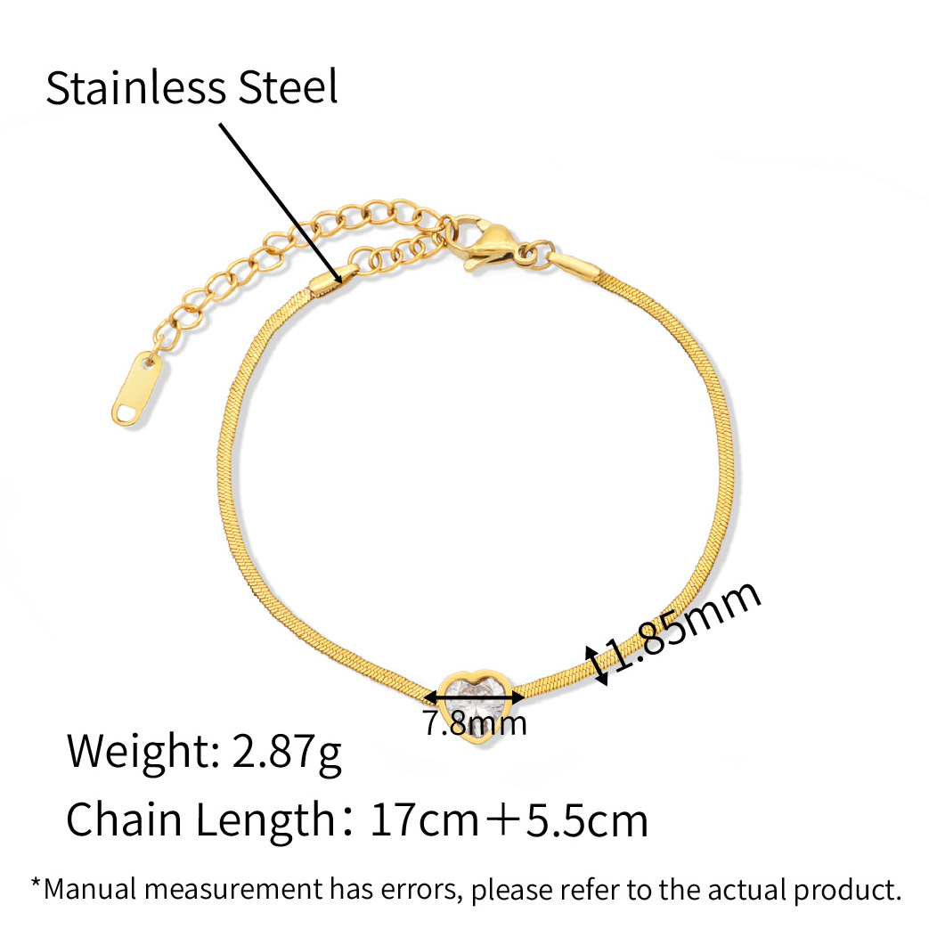 Chris April herringbone 316L stainless steel PVD gold plated flat snake chain movable heart zirconia bracelet