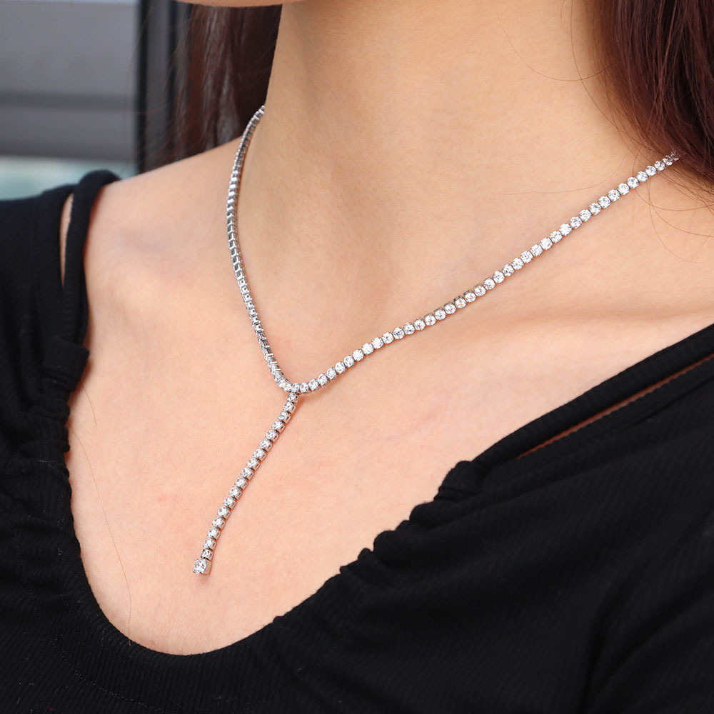 Chris April stainless steel Y shape tassel bejeweled choker tennis silver chain necklace