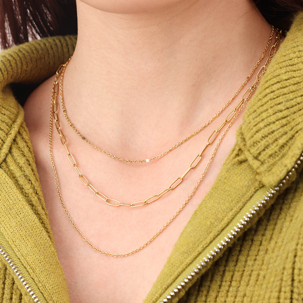 Chris April 316L stainless steel necklace simple triple layers thin gold plated choker chain pendant