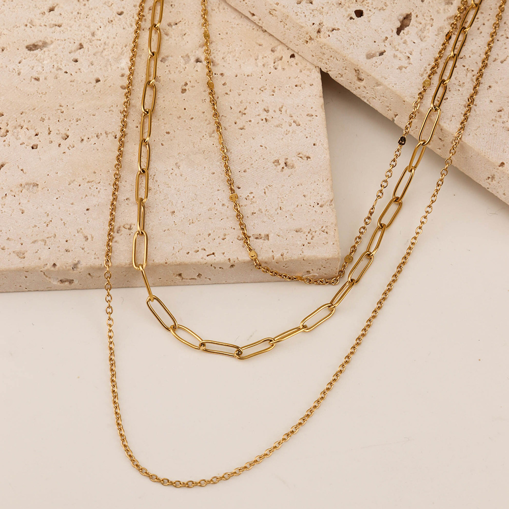 Chris April 316L stainless steel necklace simple triple layers thin gold plated choker chain pendant