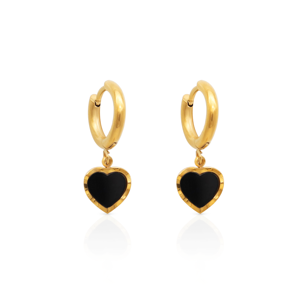 Chris April japanese style jewelry 316L stainless steel PVD 18k gold plated black enamel heart huggie hoops earrings