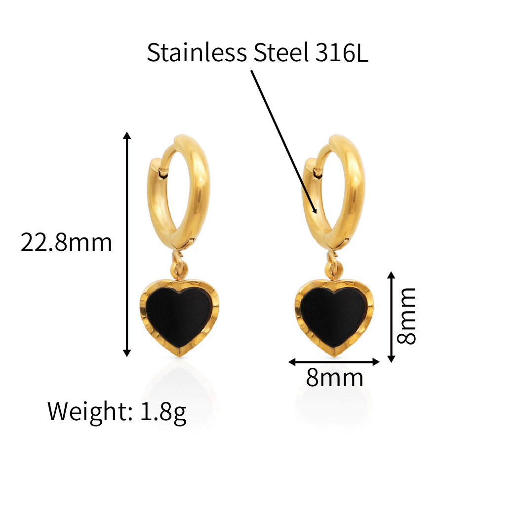 Chris April japanese style jewelry 316L stainless steel PVD 18k gold plated black enamel heart huggie hoops earrings