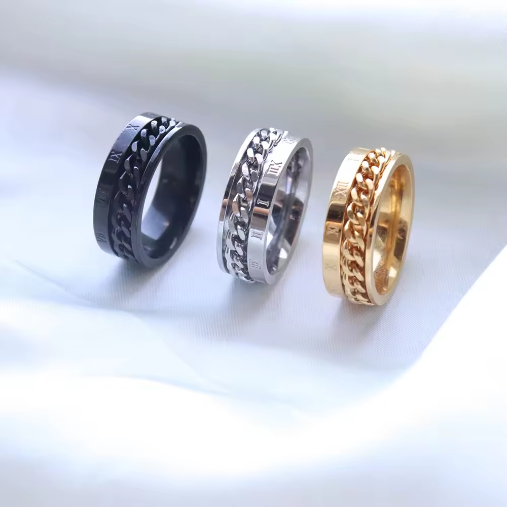 Chris April in stock fashion jewelry PVD gold plated 316L stainless steel anxiety fidget ring roman numbers chain band ring