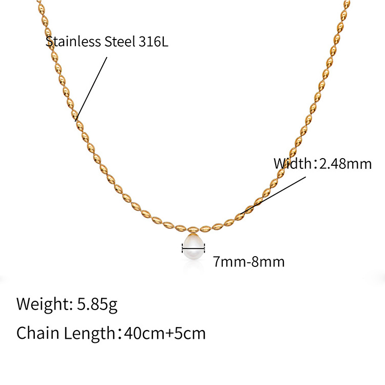 Chris April 316L stainless steel gold plated fresh water pearls necklace olive beads chain necklace