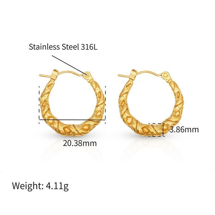 Chris April 316L stainless steel PVD plated gold jewelry fashion twisted rope round C shape hoop earring