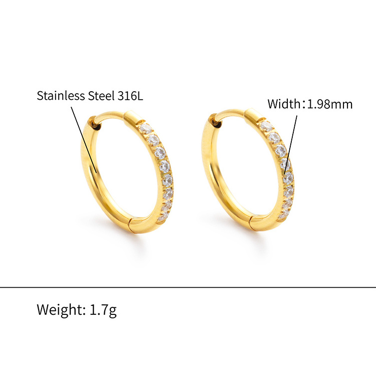 Chris April 316L stainless steel PVD plated gold zircons bezel huggies hoops earring