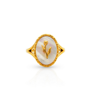 Chris April Vintage brass PVD gold plating resizable natural shell tulip flower signet ring