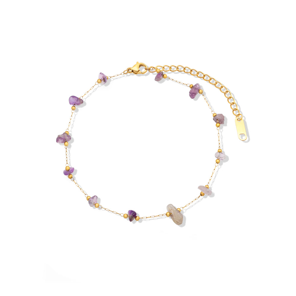 Chris April fashion jewelry PVD gold plated amethyst natural gems  charms anklet 316L stainless steel ankle chain foot