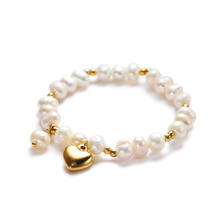 Chris April high quality waterproof woman bangle custom luxury stainless steel love beaded charm heart bracelet pearl jewelry